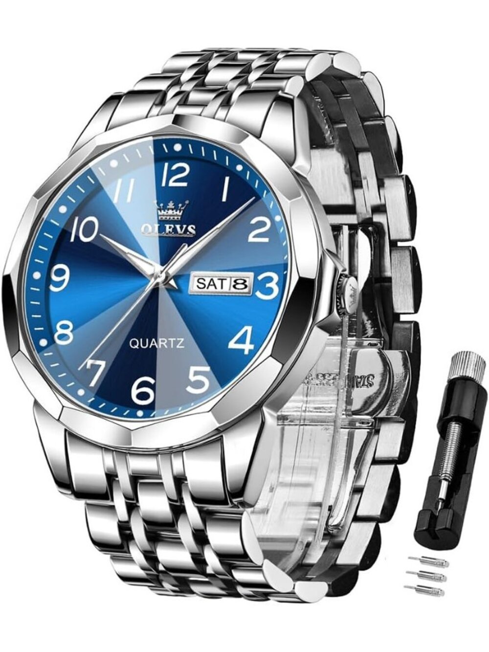 Mens Silver Blue Face Analog Simple Business Stainless Waterproof Luminous Watch